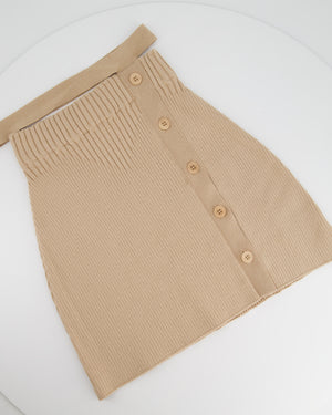 Andreadamo Beige Ribbed Cropped T-Shirt and Mini Skirt Set with Buttons Size S (UK 8)