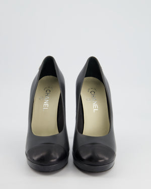 Chanel Charcoal Round Toe Heels with Silver CC Logo Detail Size EU 40