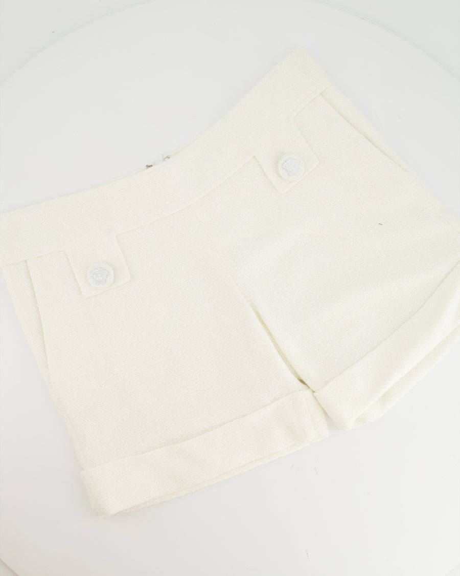 Versace White Tweed Shorts with Medusa Button Detailing Size IT 38 (UK 6)