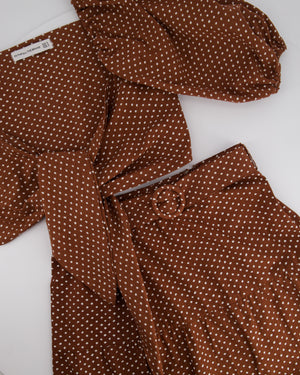 Faithfull the Brand Brown with White Polka Dot Wrap Crop Top and Midi Skirt with Belt Set Size S (UK 8-10)