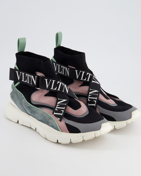 Valentino Black Blush and Grey Double Logo Strap Knit VLTN Trainers Size EU 38