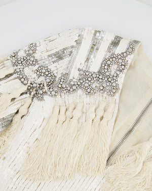 Balmain White and Silver Sequin Embellished Long-Sleeve Mini Dress with Tassel Details Size FR 36 (UK 8)