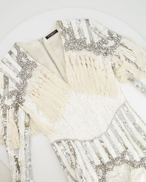 Balmain White and Silver Sequin Embellished Long-Sleeve Mini Dress with Tassel Details Size FR 36 (UK 8)