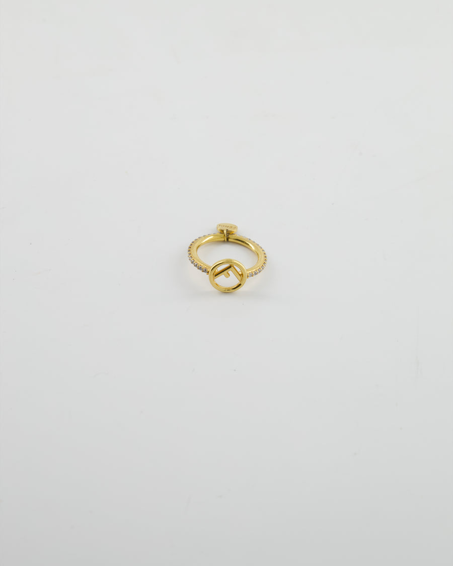 Fendi Gold Crystal Ring with F Logo Detail