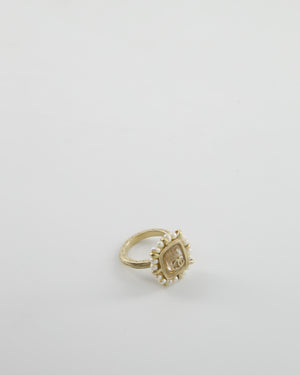 Chanel Antique Champagne Gold Square Ring with Pearl and CC Logo Detail