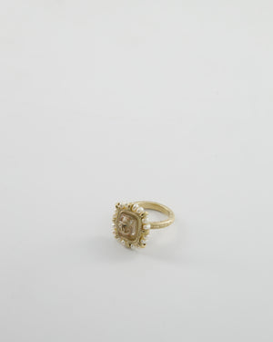 Chanel Antique Champagne Gold Square Ring with Pearl and CC Logo Detail