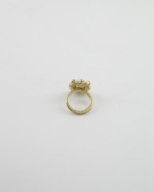 Chanel Antique Champagne Gold Square Ring with Pearl and CC Logo Detail