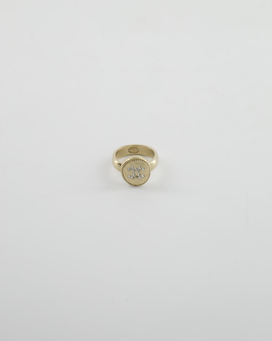 Chanel 19A Antique Champagne Gold Round Ring with Crystal CC Logo