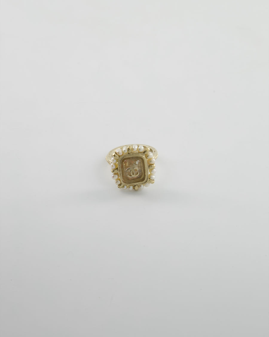 Chanel Antique Champagne Gold Square Ring with Pearl and CC Logo Detail