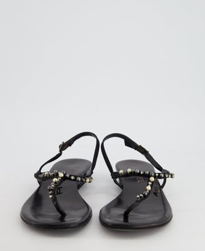 Chanel Black Embellished Leather Ankle Strap Sandals with CC Charm Detail Size EU 41