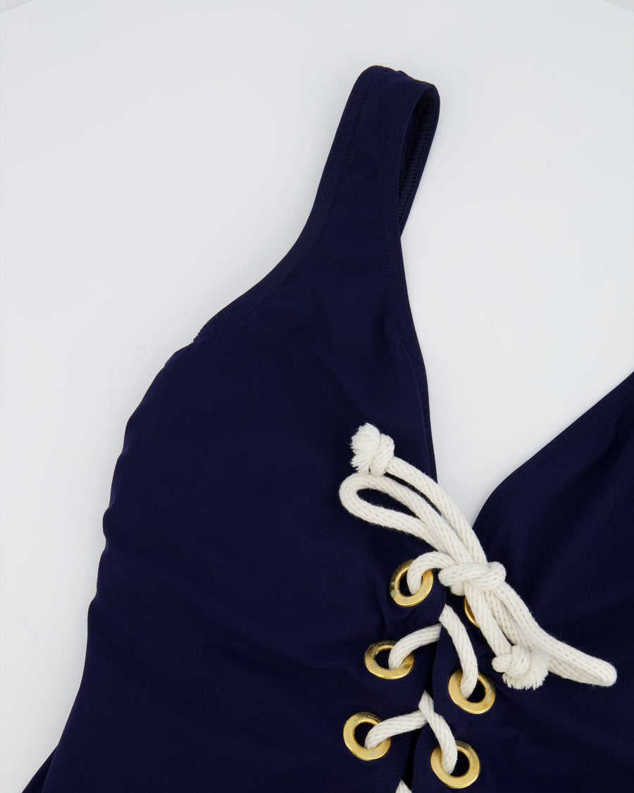 Karla Colletto Navy Swimsuit with Drawstring Lacing Detail Size UK 10