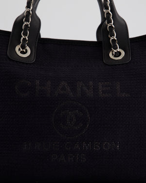 Chanel Navy 
Black Small Deauville Tote Bag with Silver Hardware