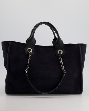 Chanel Navy 
Black Small Deauville Tote Bag with Silver Hardware