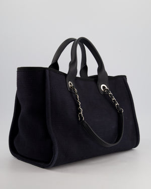 Chanel Navy 
Black Small Deauville Tote Bag with Silver Hardware