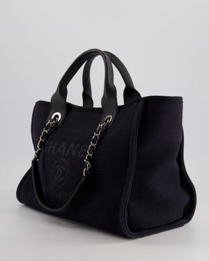 Chanel Navy 
Black Small Deauville Tote Bag with Silver Hardware