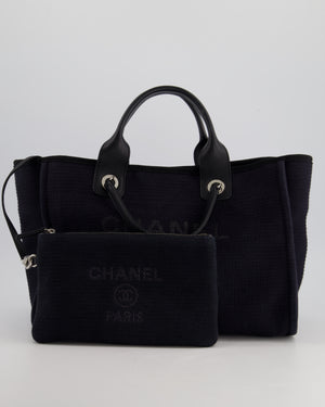 Chanel Navy 
Black Small Deauville Tote Bag with Silver Hardware