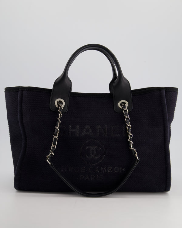 Chanel Navy 
Black Small Deauville Tote Bag with Silver Hardware