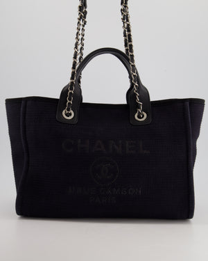 Chanel Navy 
Black Small Deauville Tote Bag with Silver Hardware