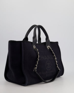 Chanel Navy 
Black Small Deauville Tote Bag with Silver Hardware