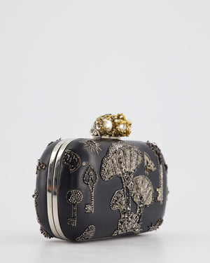 Alexander McQueen Black Leather Clutch Bag with Silver Hardware, Embellished Skull Clasp and Beaded Detail