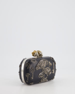 Alexander McQueen Black Leather Clutch Bag with Silver Hardware, Embellished Skull Clasp and Beaded Detail