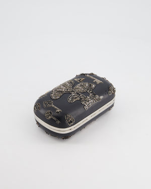 Alexander McQueen Black Leather Clutch Bag with Silver Hardware, Embellished Skull Clasp and Beaded Detail