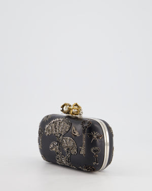 Alexander McQueen Black Leather Clutch Bag with Silver Hardware, Embellished Skull Clasp and Beaded Detail