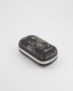 Alexander McQueen Black Leather Clutch Bag with Silver Hardware, Embellished Skull Clasp and Beaded Detail