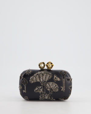 Alexander McQueen Black Leather Clutch Bag with Silver Hardware, Embellished Skull Clasp and Beaded Detail