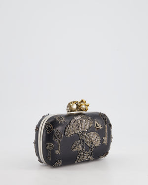 Alexander McQueen Black Leather Clutch Bag with Silver Hardware, Embellished Skull Clasp and Beaded Detail