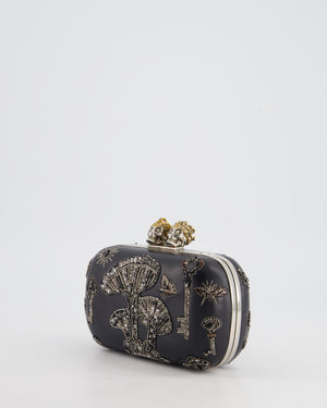 Alexander McQueen Black Leather Clutch Bag with Silver Hardware, Embellished Skull Clasp and Beaded Detail