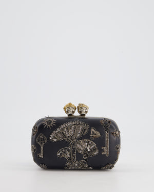 Alexander McQueen Black Leather Clutch Bag with Silver Hardware, Embellished Skull Clasp and Beaded Detail