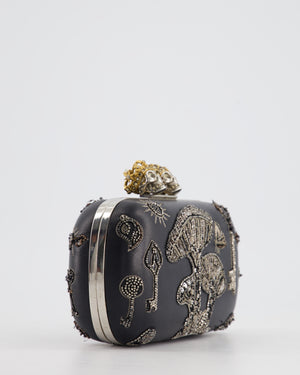 Alexander McQueen Black Leather Clutch Bag with Silver Hardware, Embellished Skull Clasp and Beaded Detail