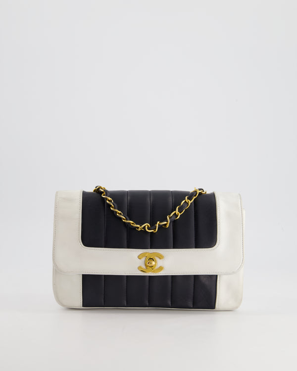 Chanel Black, White Vintage Mademoiselle Single Flap Bag in Lambskin Leather with 24K Gold Plated Hardware