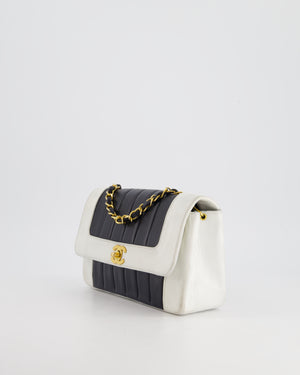 Chanel Black, White Vintage Mademoiselle Single Flap Bag in Lambskin Leather with 24K Gold Plated Hardware