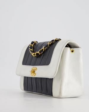 Chanel Black, White Vintage Mademoiselle Single Flap Bag in Lambskin Leather with 24K Gold Plated Hardware