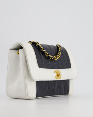 Chanel Black, White Vintage Mademoiselle Single Flap Bag in Lambskin Leather with 24K Gold Plated Hardware