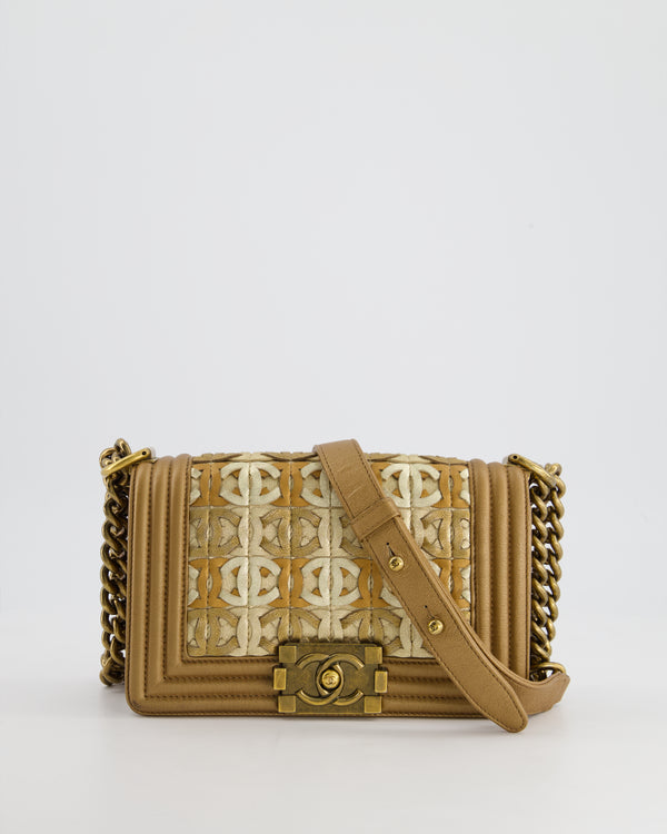 *LIMITED EDITION* Chanel Gold Metallic Small Boy Bag In Calfskin Leather with Antique Gold Hardware CC Details