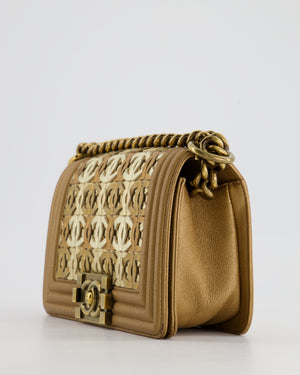 *LIMITED EDITION* Chanel Gold Metallic Small Boy Bag In Calfskin Leather with Antique Gold Hardware CC Details