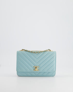 Chanel Tiffany Blue Chevron Quilted Trendy Wallet on Chain Bag in Lambskin Leather with Champagne Gold Hardware