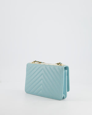 Chanel Tiffany Blue Chevron Quilted Trendy Wallet on Chain Bag in Lambskin Leather with Champagne Gold Hardware