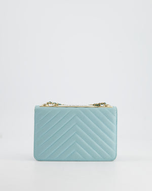 Chanel Tiffany Blue Chevron Quilted Trendy Wallet on Chain Bag in Lambskin Leather with Champagne Gold Hardware