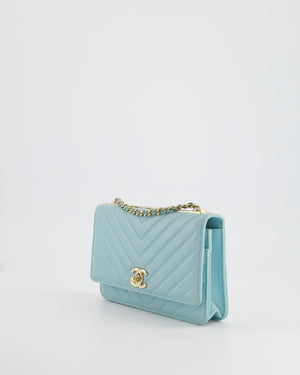 Chanel Tiffany Blue Chevron Quilted Trendy Wallet on Chain Bag in Lambskin Leather with Champagne Gold Hardware