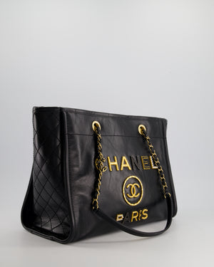 *HOT* Chanel Black Small Deauville Tote Bag in Shiny Calfskin Leather with Antique Gold Hardware and Pearl, Crystal Logo Detail