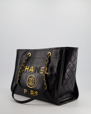 *HOT* Chanel Black Small Deauville Tote Bag in Shiny Calfskin Leather with Antique Gold Hardware and Pearl, Crystal Logo Detail