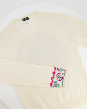 Chanel Cream Round Neck Cashmere Jumper with Tiger and CC Detail FR 38 (UK 10)