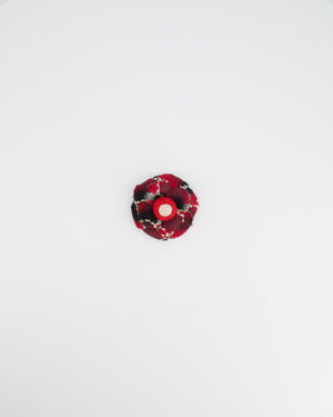 Chanel Red Camelia Wool Brooch with Black and White Embroidered Details