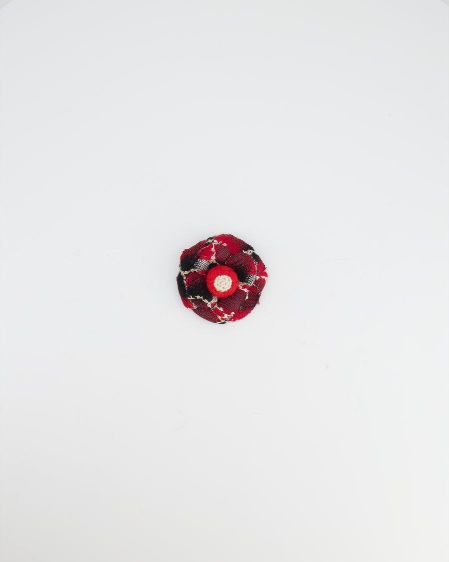 Chanel Red Camelia Wool Brooch with Black and White Embroidered Details