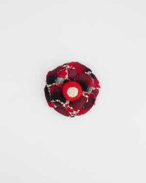 Chanel Red Camelia Wool Brooch with Black and White Embroidered Details