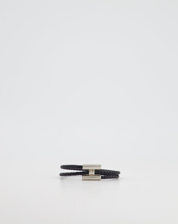 Hermès Black Leather Tournis Tresse Mens Bracelet with Palladium Hardware